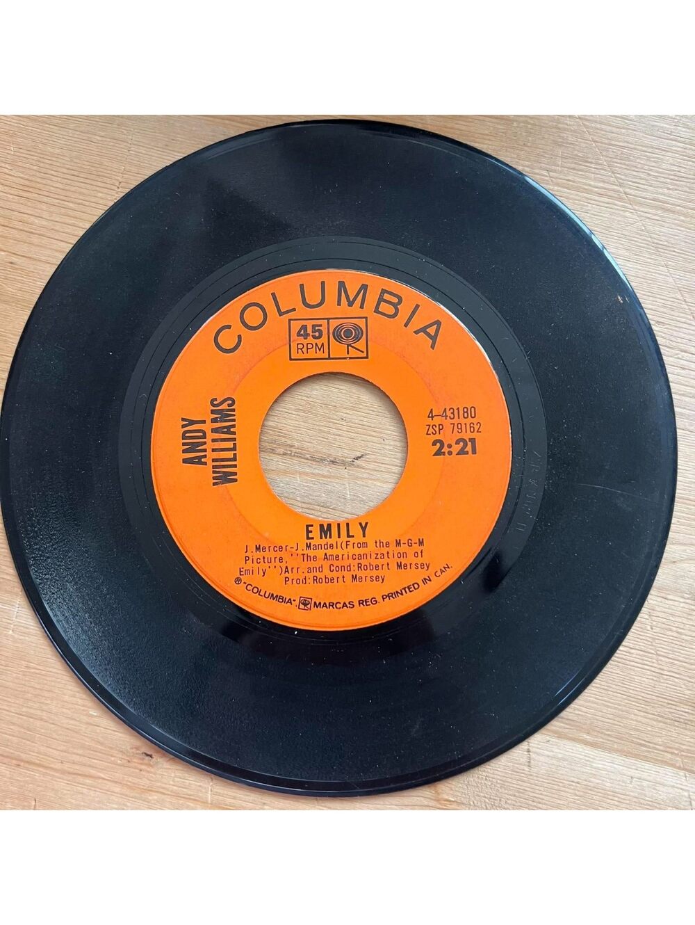 Andy Williams - Emily/Dear Heart 45rpm VG+ R20